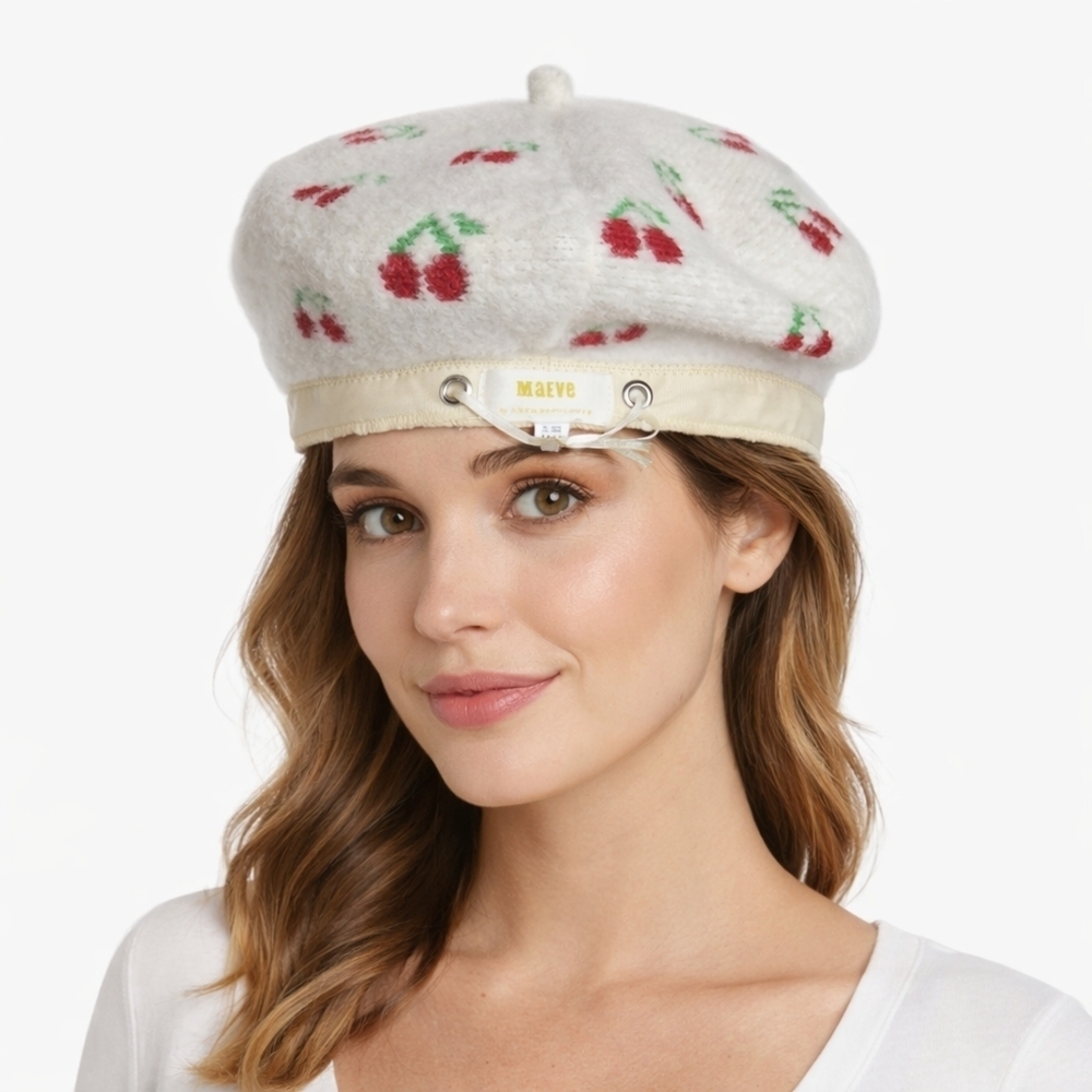 Maeve Anthropologie Cream Cherry Print Wool Blend Beret